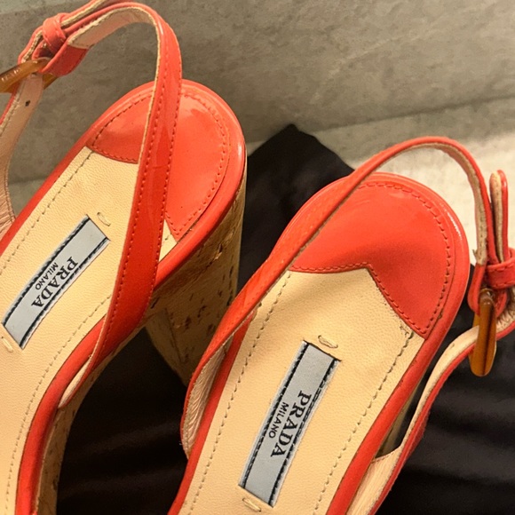 PRADA Pink Orange Patent Peep Toe Cork Wedge Pump Shoe 39.5 - Picture 5 of 10
